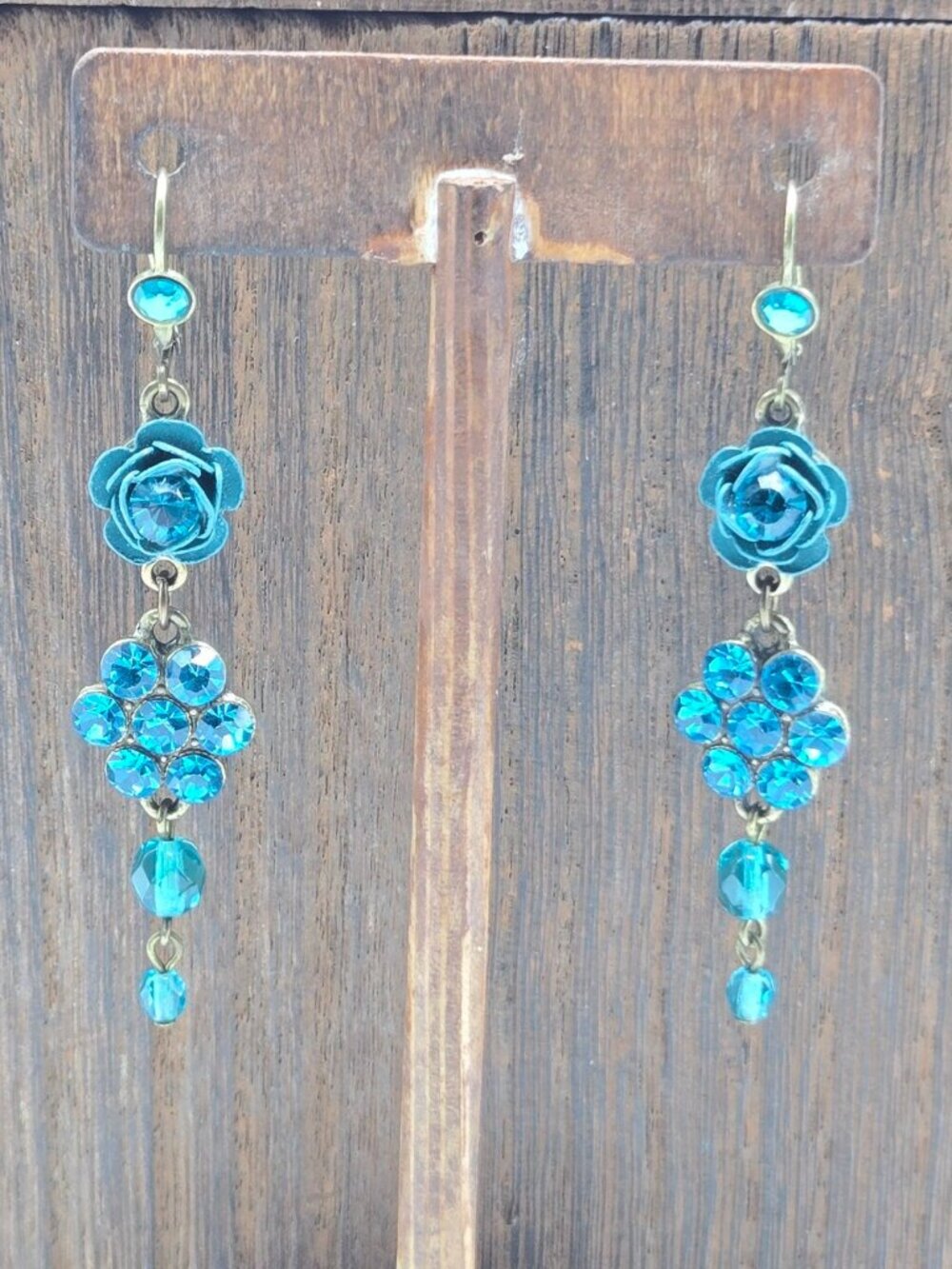 Teal Floral Rhinestone Earrings Pierced Brass Tone Dangle Drop Fashion Costume